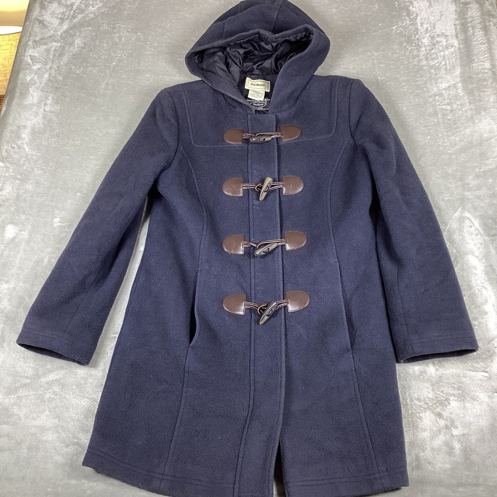 LL Bean Bellandi Italian Wool Duffle Coat 4 P Navy Blue Toggle Hooded 284399